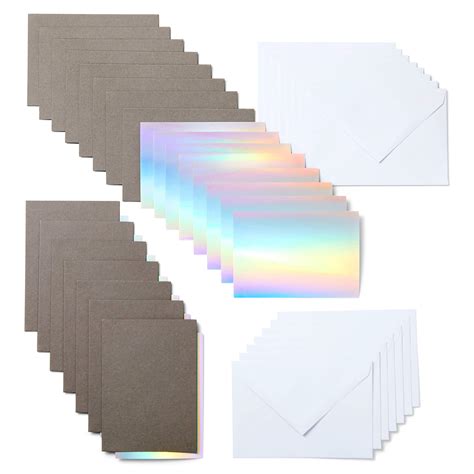 Cricut Joy Insert Cards A1 15-pack (Gray, Silver, Holographic); 15 Gray cards, 15 Silver Holographic inserts, 15 White envelopes; Dimensions: Cards 8.89 cm x 12.45 cm (3.5 in x 4.9 in), Inserts 8.26 cm x 11.8 cm (3.25 in x 4.65 in), Envelopes 9.21 cm x 13.08 cm (3.62 in x 5.15 in); Create vibrant two-tone greeting cards without the mess or hassle of glue; Easy to cut with specialized Cricut Joy™ Card Mat (sold separately); For Cricut Joy™